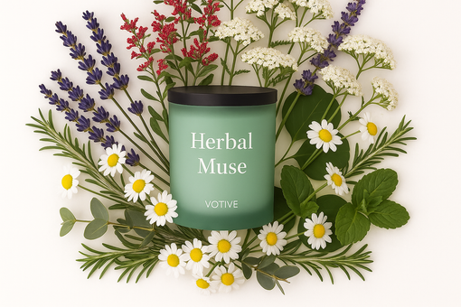 Votive Herbal Muse soy candle in matte green jar surrounded by fresh lavender, chamomile, mint, rosemary, and white wildflowers — eco-friendly aromatherapy candle for relaxation, wellness, and sustainable home fragrance.