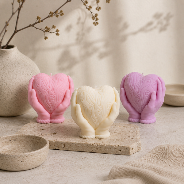 Three heart-shaped candles shaped like hands cradling a heart, shown in pink, cream, and lavender on a stone slab with neutral decorative props. Heart shaped b Votive Candle Co