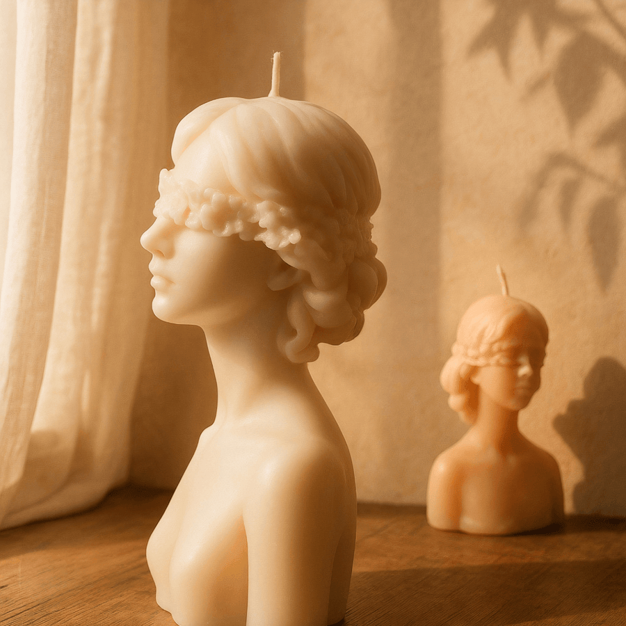 Small Blindfolded Lady Candle soy wax candle — side view