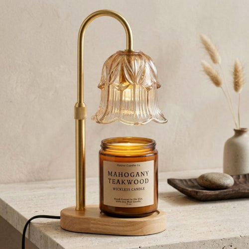 Candle Warmer Lamp Adjustable Height — Brass Arch with Fluted Glass Shade