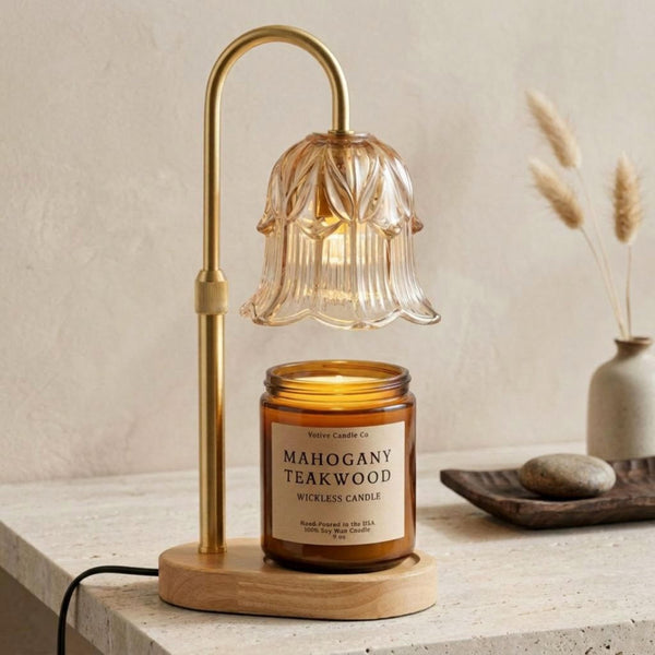 Adjustable Height Candle Warmer Lamp — Brass Arch with Fluted Glass Shade