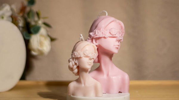 Small Blindfolded Lady Candle soy wax candle — lit candle