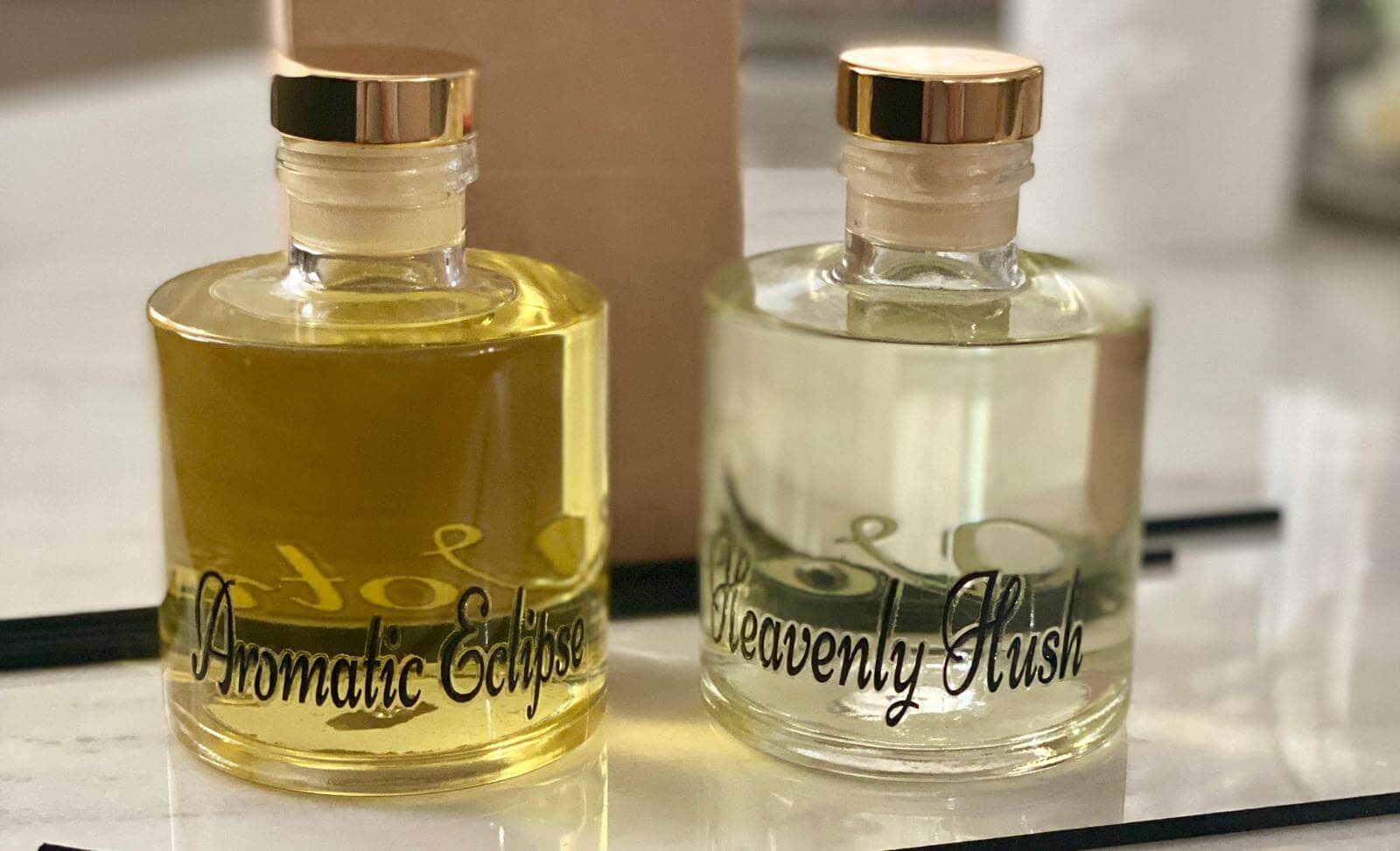 Heavenly Hush luxury reed diffuser with leather, labdanum, bergamot, gilded mandarin