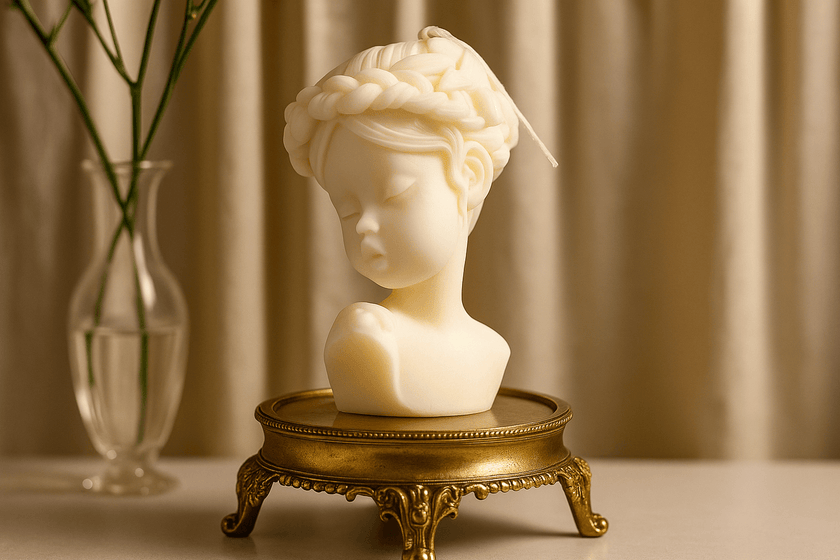 Little Girl scented candle displayed on a wooden tray, adding a whimsical and cozy ambiance to any space.