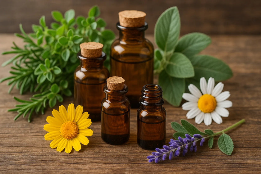 Glass amber bottles of essential oils surrounded by fresh herbs and flowers like rosemary, chamomile, lavender, and oregano, arranged on a rustic wooden surface—symbolizing purity, wellness, and clean aromatherapy blending.