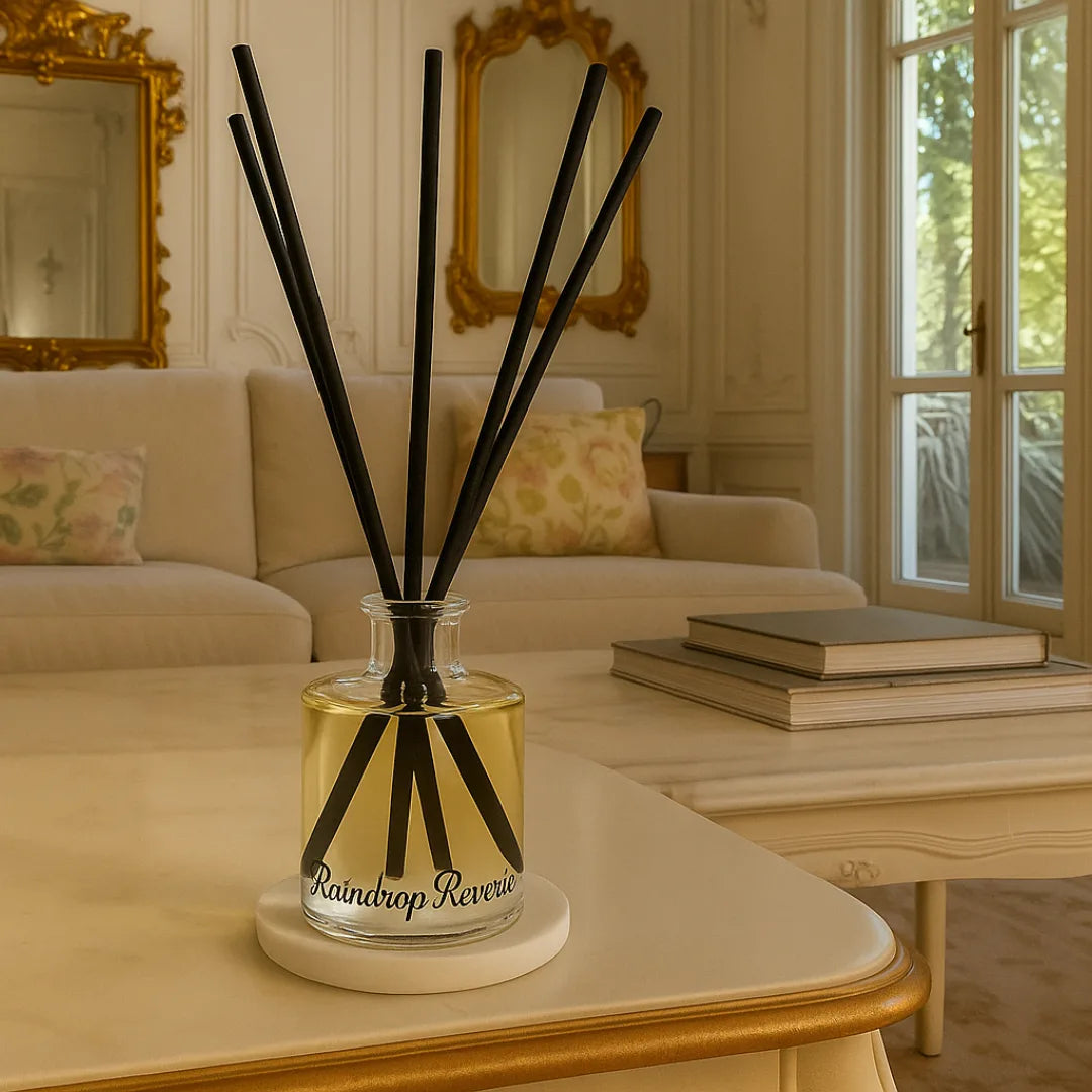Raindrop Reverie luxury reed diffuser – elegant home fragrance evoking the fresh scent of a rainy château morning.
