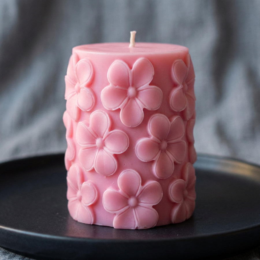 Sakura Pillar Candle: Cherry Blossom Scented Soy Wax Handmad – front view