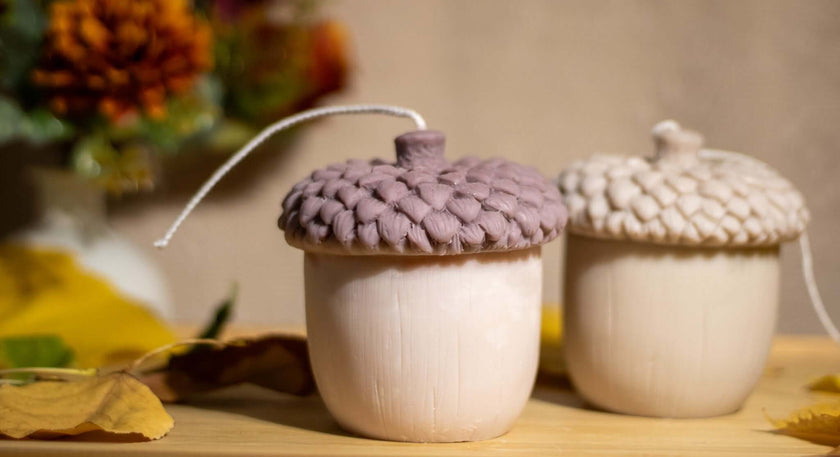Sculptural acorn candle made from soy wax – seasonal home decor