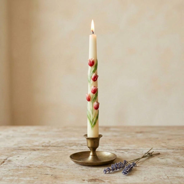 Set of Floral Taper Candles – Red Dinner Candles – side view