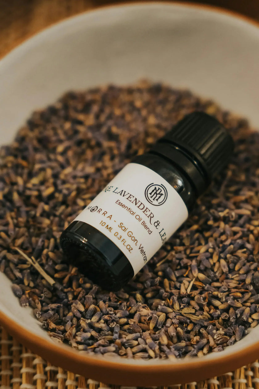 A 10ml dark glass bottle of lavender essential oil labeled