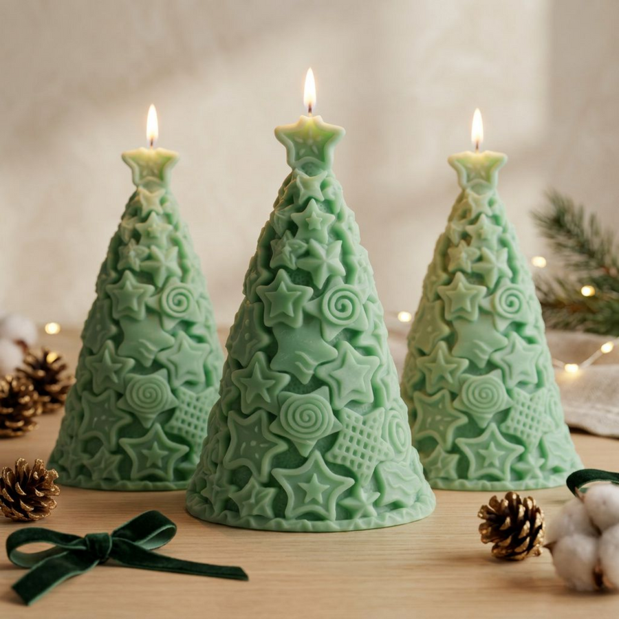 Christmas Tree Soy Wax Candle — Sculptural Starry Festive Decor, Holiday Centerpiece