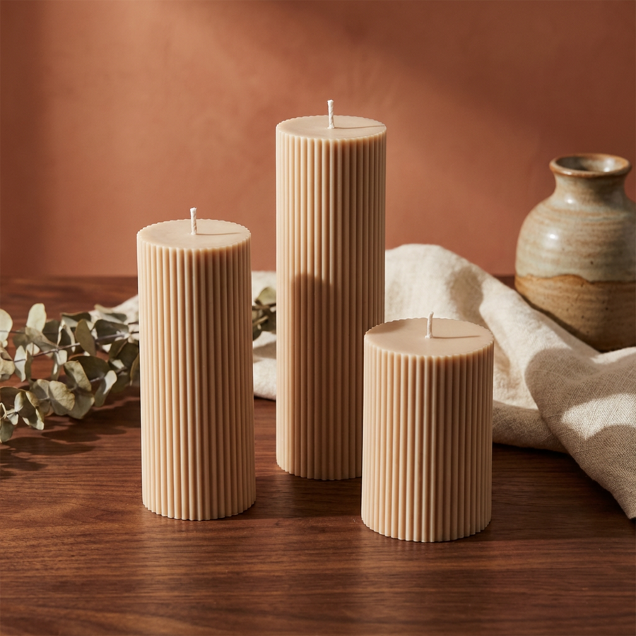 Set of 3 Textured Ribbed Pillar Candles soy wax candle