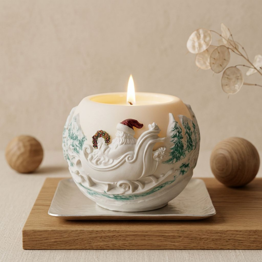 Santa Sleigh Soy Wax Candle Jar — Eco Resin Sculptural Christmas Decor, Hand-Painted Option