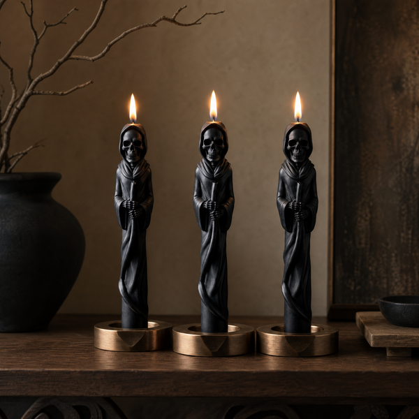 Three black candle figurines shaped like hooded skeletal figures standing on gold-colored bases, lit with flames, displayed on a wooden shelf in a dark, atmospheric setting. Grim Reaper Taper Candle