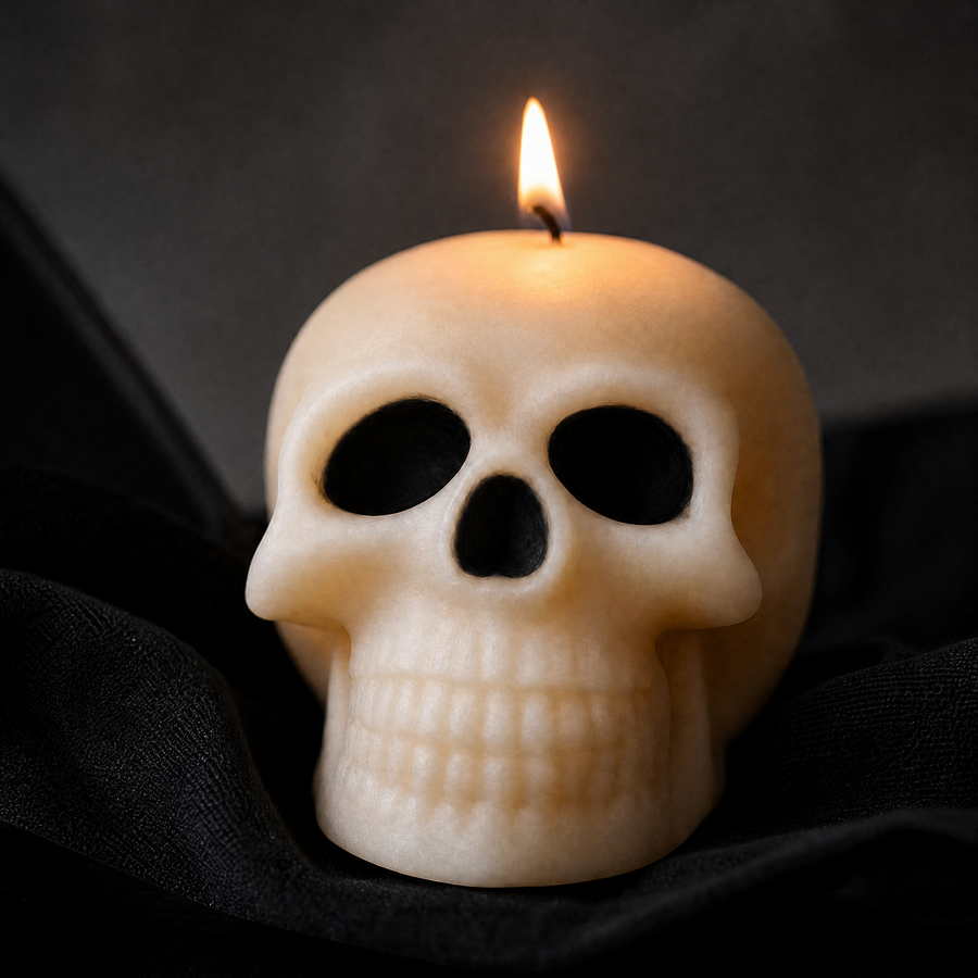 A skull-shaped candle with a lit flame, shown against a dark draped fabric background. Scented Gothic Skull Soy Wax Candle – Halloween Decor