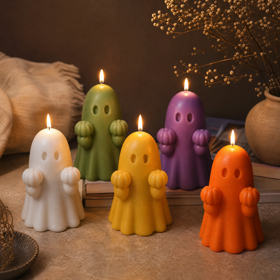Four ghost-shaped candles with lit flames in white, green, purple, and orange, arranged on a tabletop with books and dried flowers in the background. Halloween Candles by Votive Candle Co