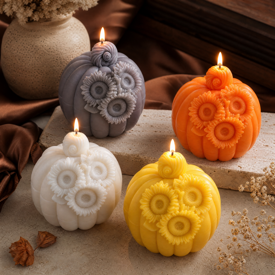 Four decorative pumpkin-shaped candles with carved sunflower details, shown lit on a stone surface with dried flowers and a vase in the background. The candles are white, gray, orange, and yellow. Fall pumpkin candles for mantel and shelf decor