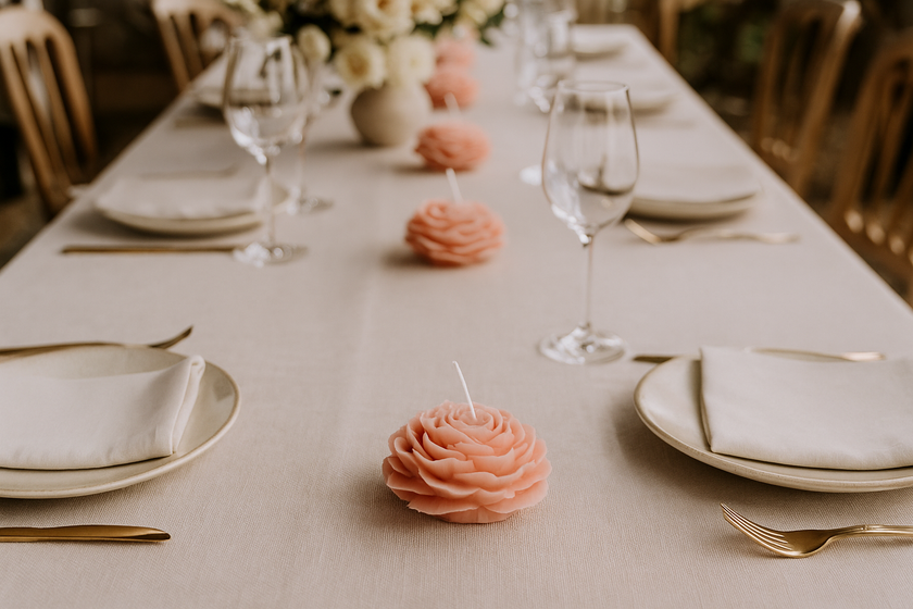 Elegant votive candles arranged on a wedding table, casting a warm, romantic glow for an intimate celebration.