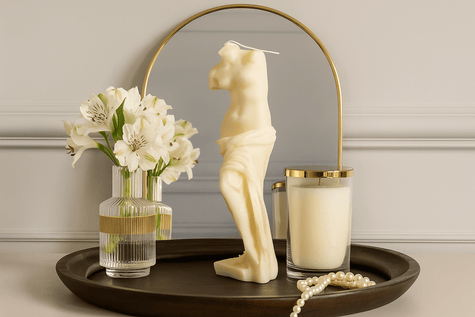 Decorative setup with a candle shaped like a female torso, flowers, and a candle on a tray.