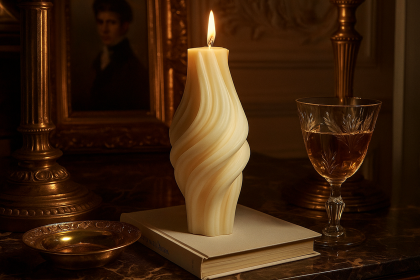 Decorative candle on a book with a glass of wine and portrait in the background