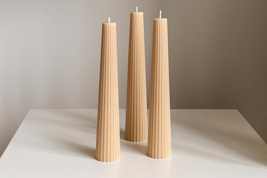 Minimalist Ribbed Pillar Candle – Handmade Soy Wax Sculptural Decor