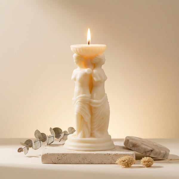 Venus caryatid candle lit – architectural soy wax column candle