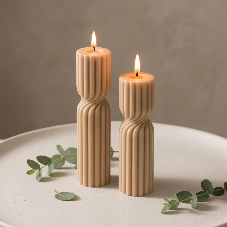 Twisted Soy Wax Pillar Candle – Unscented Handmade Sculptural Ribbed Candle