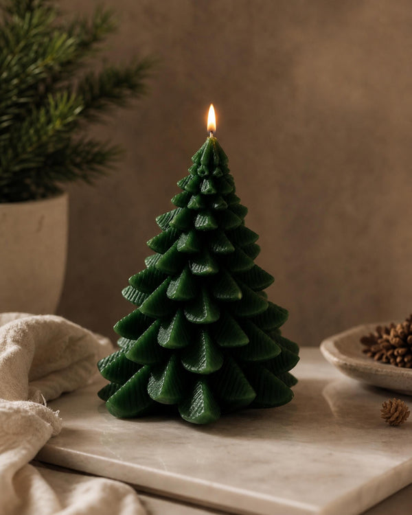 Mini Christmas Tree Candle – side angle – handmade soy wax