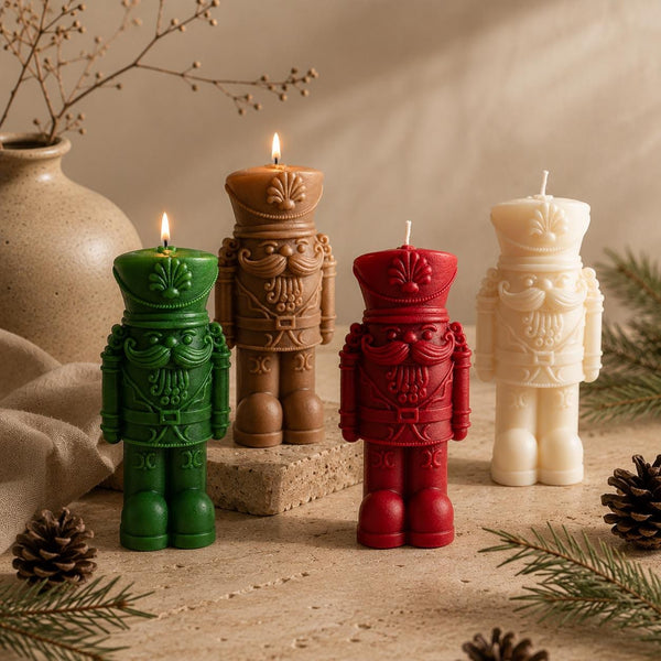 Nutcracker gift candle - sculptural soy wax Christmas decor, front view