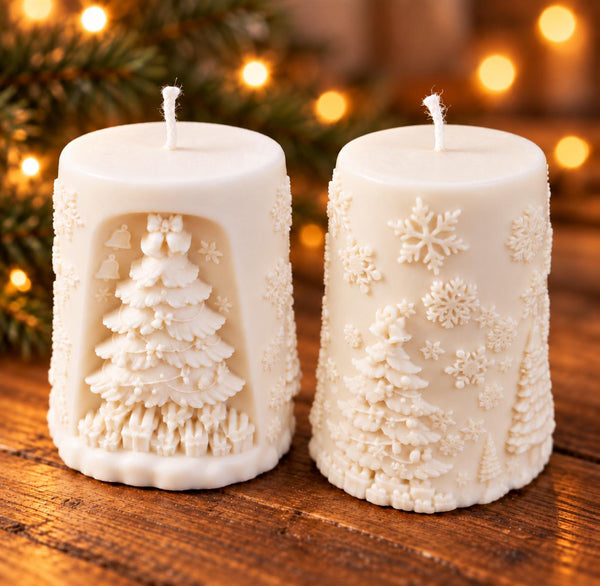 Christmas tree pillar candle with wrapped presents – sculptural soy wax holiday candle – view 2