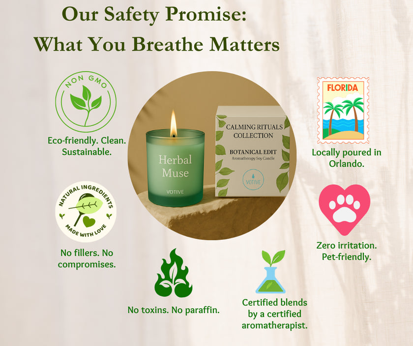Votive aromatherapy candles crafted with natural, toxin-free ingredients — IAOTH certified for clean burning and improved indoor air quality.