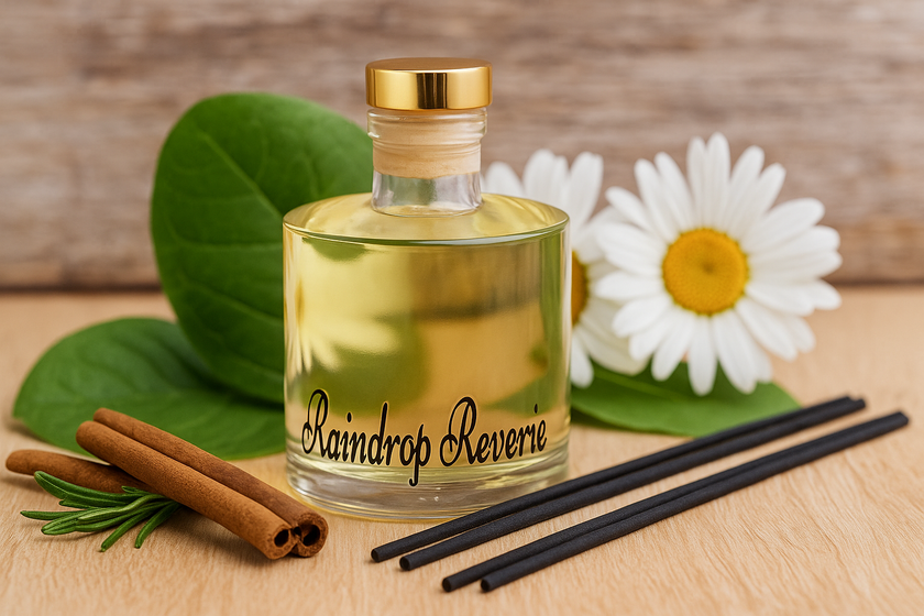 Bottle of 'Raindrop Reverie' with cinnamon sticks, rosemary, and a daisy on a wooden surface.