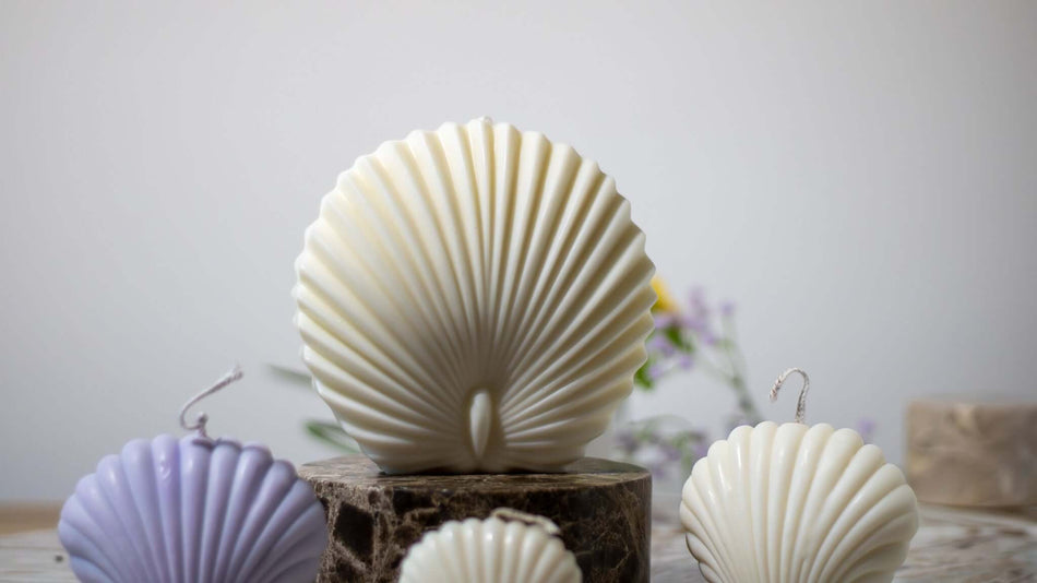 Sculptural shell candle in soy wax – minimalist handmade candle with soft curves and neutral tones.