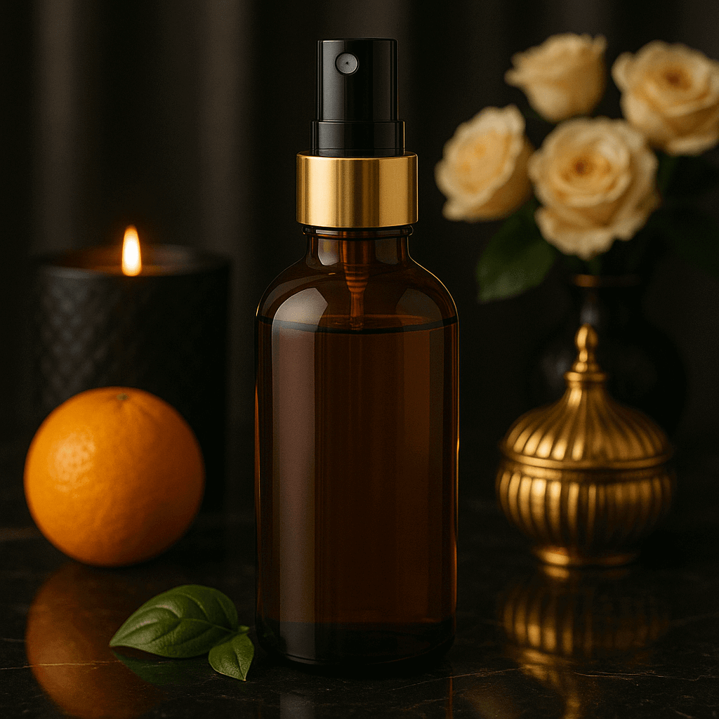 Votive natural room spray bottle on a light background, releasing a fine mist—crafted with therapeutic-grade essential oils for safe, non-toxic home scenting.