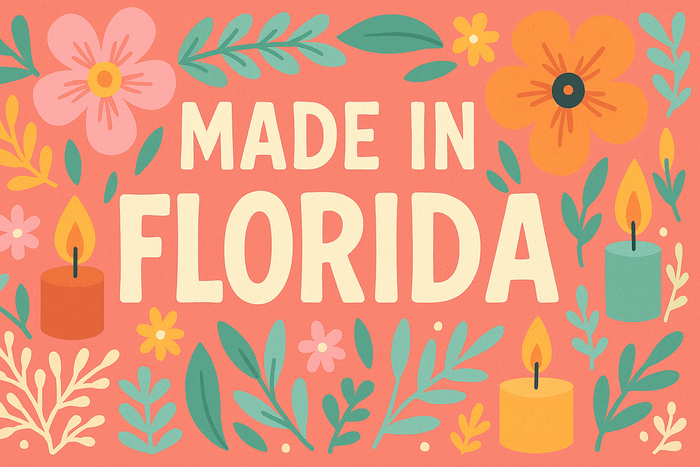 Illustration of colorful soy candles and flowers with the phrase "Made in Florida" — representing locally crafted, natural candles from Votive