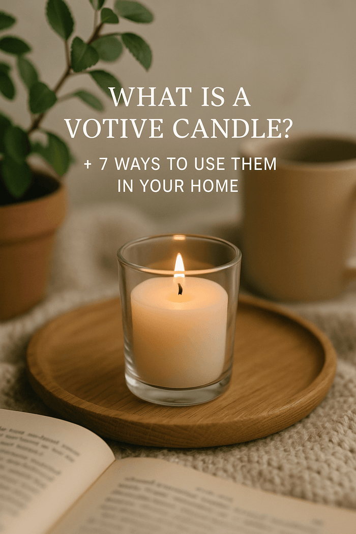 Close-up of a natural soy votive candle burning in a glass holder