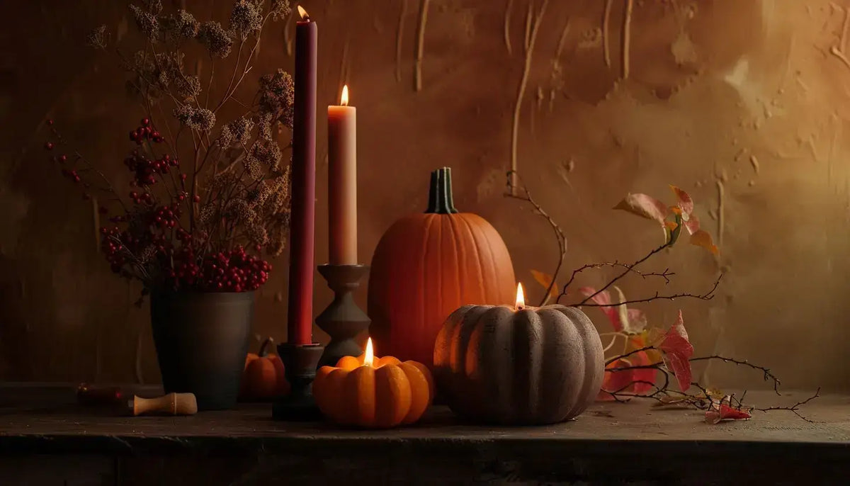 Orange pumpkins and burgundy taper candles on a dark autumn shelf