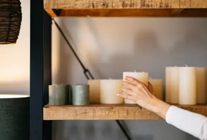 Hand placing a white pillar candle on a shelf with other pillar candles
