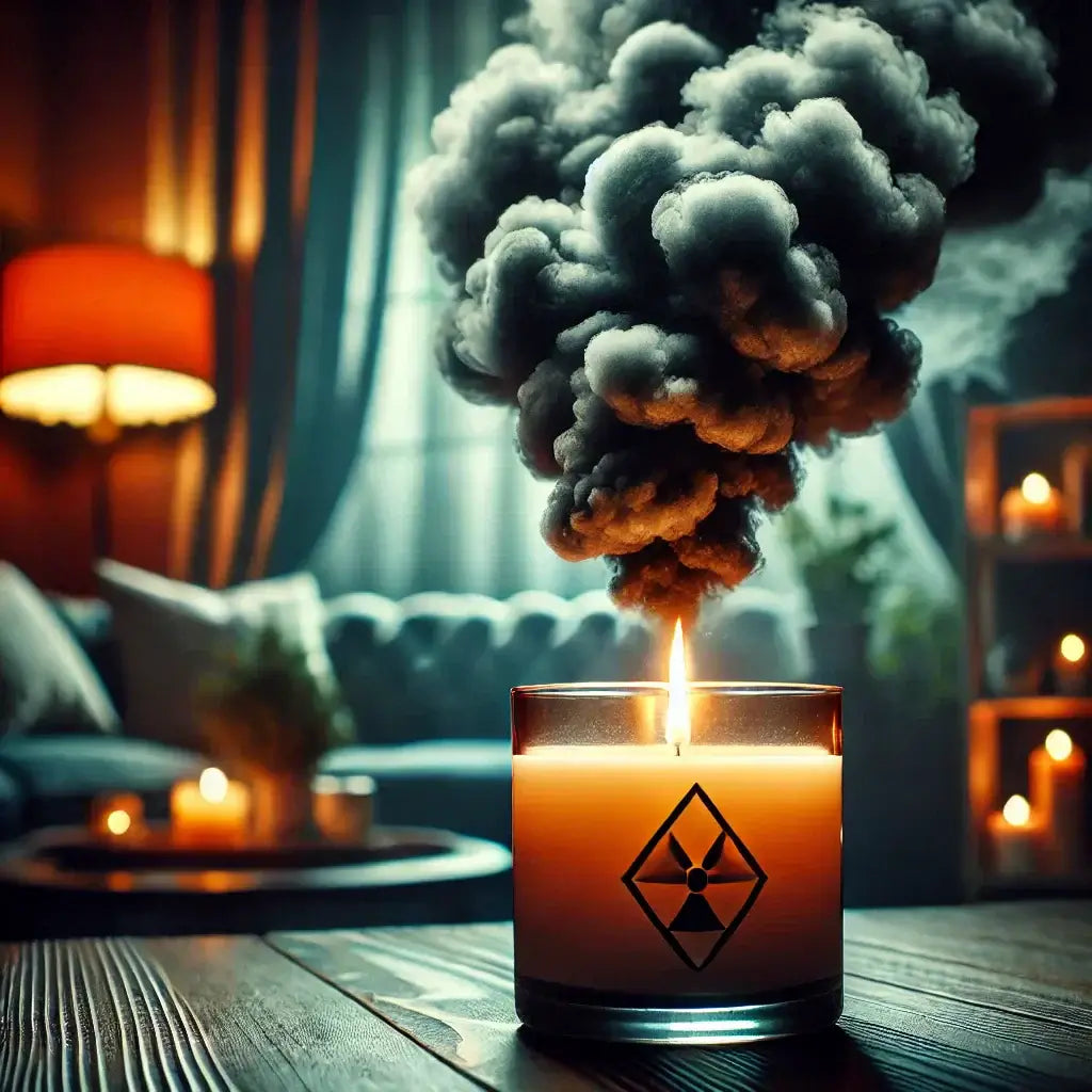 Lit jar candle with a plume of dark smoke on a dark table