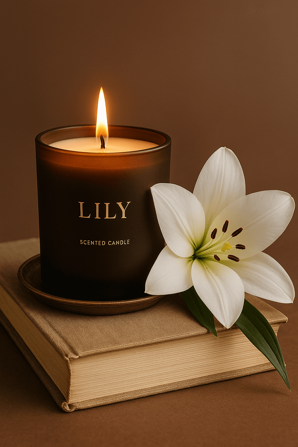 Lit lily scented candle in a dark glass jar beside a white lily on a stack of books