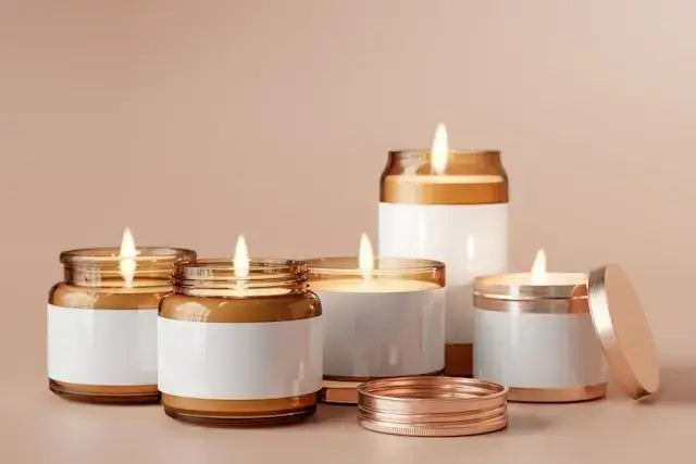 Lit glass jar candles with blank white labels and copper lids on a pink surface