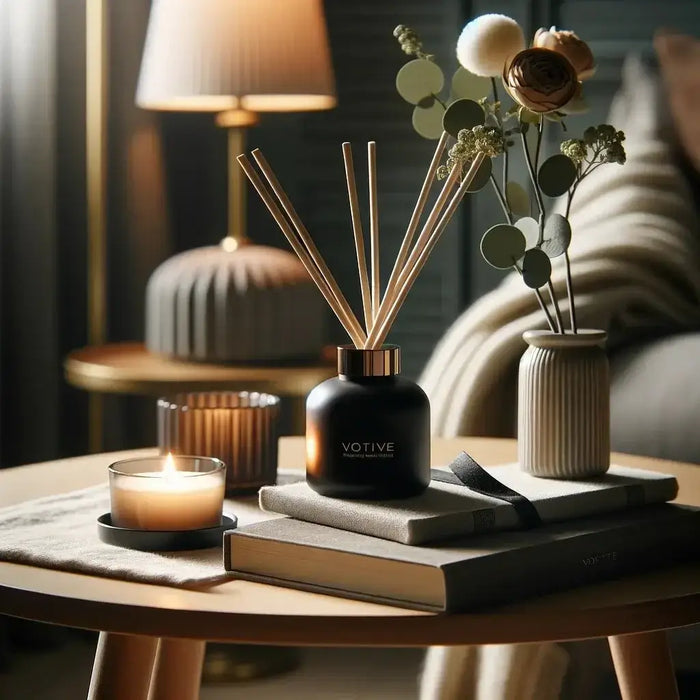 Reed diffuser, small lit candle and books on a round wooden side table beside a lamp