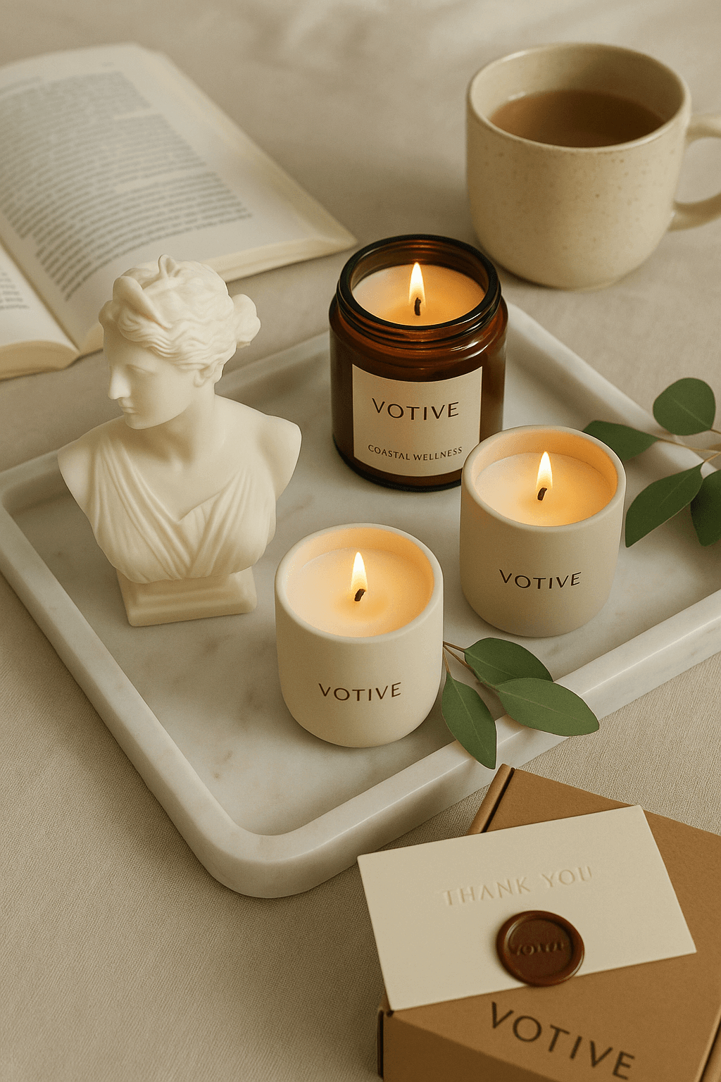 Soy wax candles in amber jars and a cream bust candle on a marble tray with a gift box