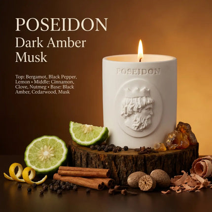 White candle labeled 'POSEIDON Dark Amber Musk' with ingredients on a wooden base.