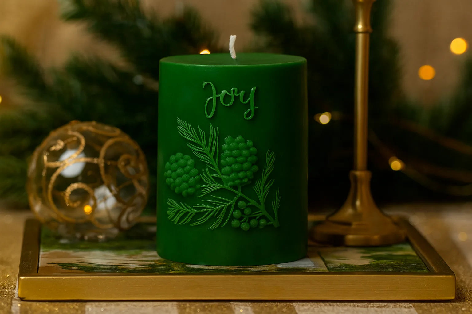 Green candle with 'Joy' and pine cone design on a decorative surface with blurred Christmas decorations in the background.