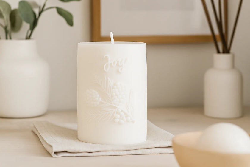 White candle with embossed design on a table with decorative items