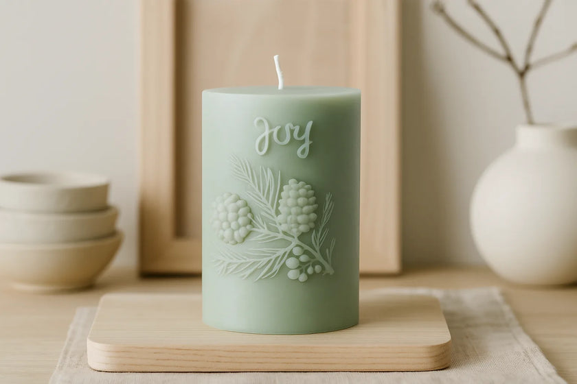Green candle with 'joy' and pine cone design on a wooden board with a neutral background