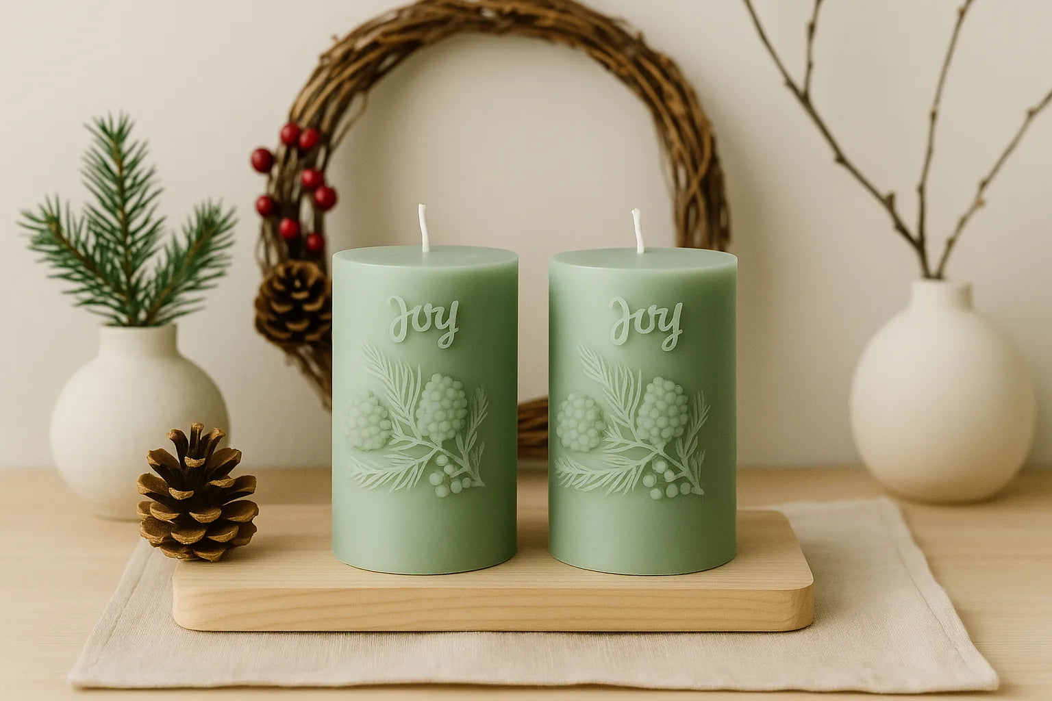 Two green candles with 'Joy' text on a wooden board, surrounded by decorative items.