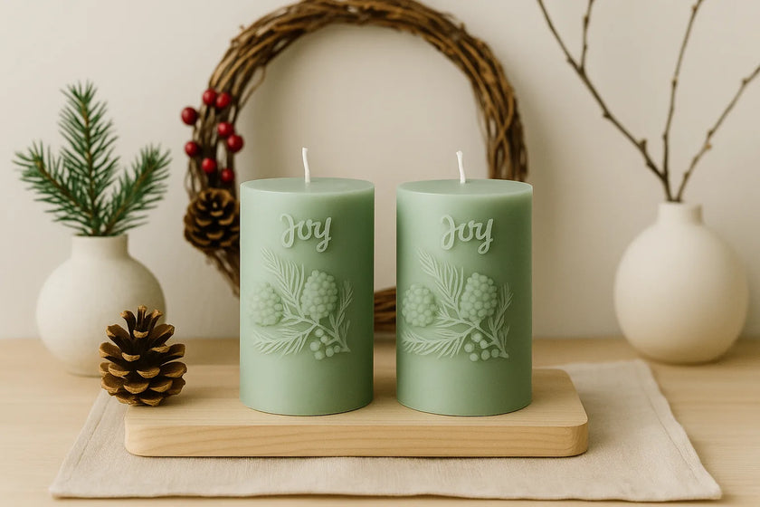 Two green candles with 'Joy' text on a wooden board, surrounded by decorative items.