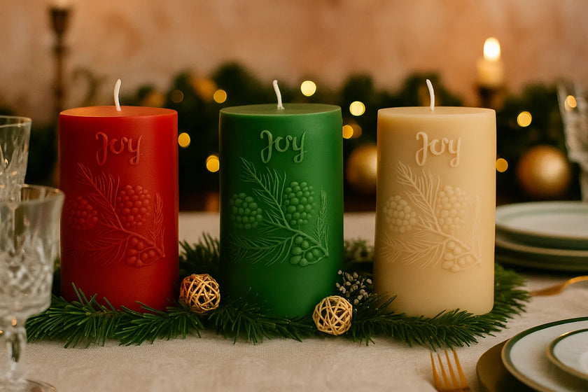 Three 'Joy' candles in red, green, and beige on a table with decorative elements.